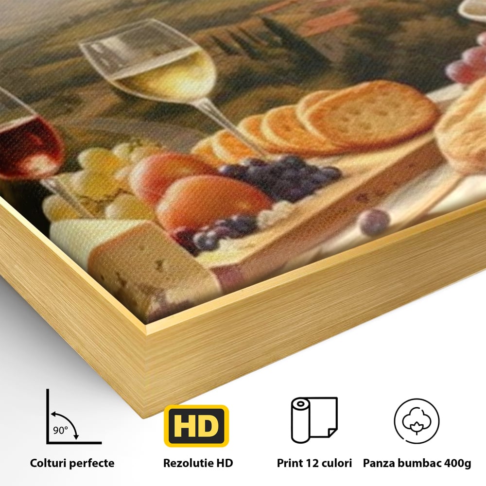 Tablou Canvas Premium, LuxCanva® N1027, Delicii la Apus, Natura, Vin, Struguri, Mancare, Bautura, Ospat, Traditional, Rustic, Apus, Festin, Toamna, Peisaj, Priveliste, Restaurant, Bucatarie