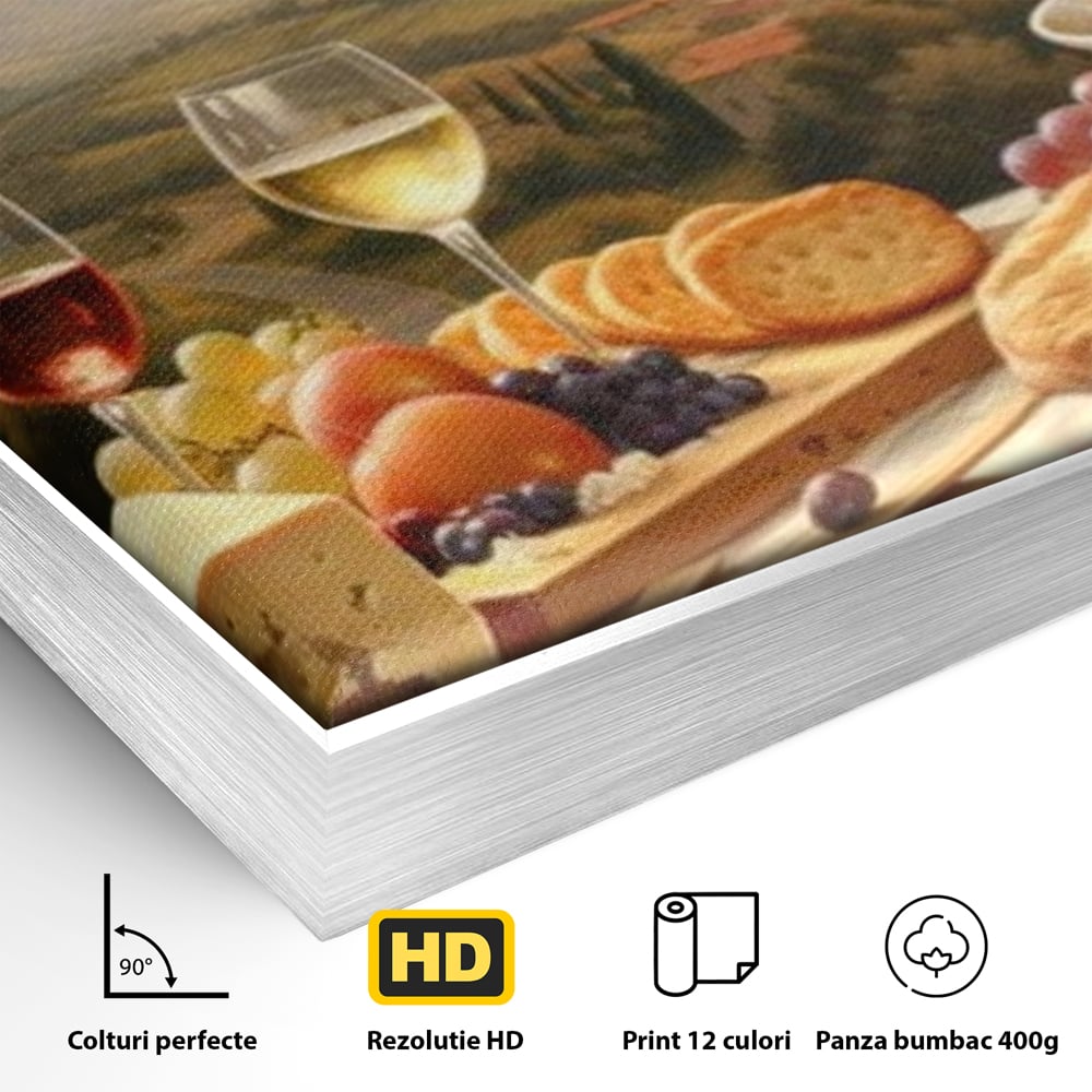 Tablou Canvas Premium, LuxCanva® N1027, Delicii la Apus, Natura, Vin, Struguri, Mancare, Bautura, Ospat, Traditional, Rustic, Apus, Festin, Toamna, Peisaj, Priveliste, Restaurant, Bucatarie