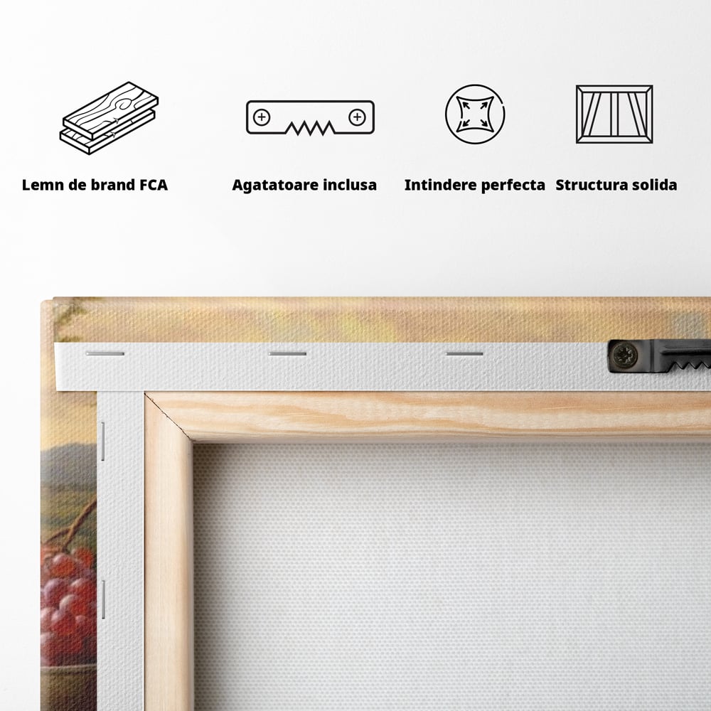 Tablou Canvas Premium, LuxCanva® N1027, Delicii la Apus, Natura, Vin, Struguri, Mancare, Bautura, Ospat, Traditional, Rustic, Apus, Festin, Toamna, Peisaj, Priveliste, Restaurant, Bucatarie