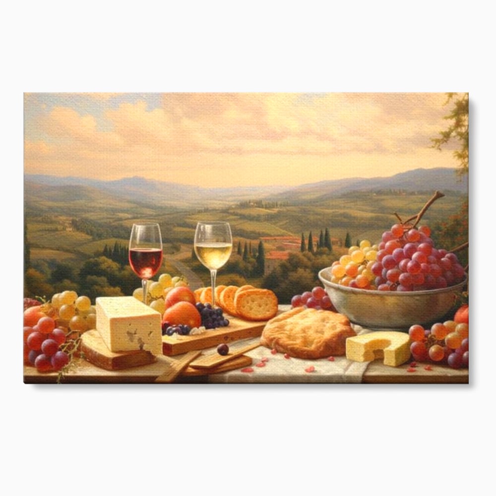 Tablou Canvas Premium, LuxCanva® N1027, Delicii la Apus, Natura, Vin, Struguri, Mancare, Bautura, Ospat, Traditional, Rustic, Apus, Festin, Toamna, Peisaj, Priveliste, Restaurant, Bucatarie