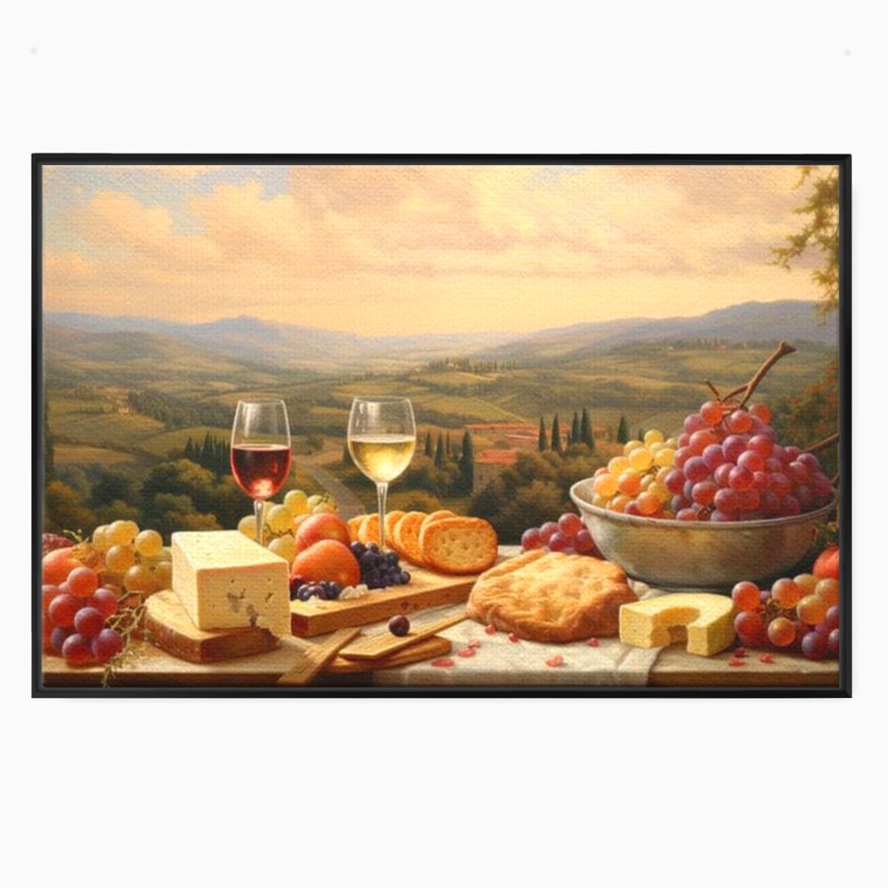 Tablou Canvas Premium, LuxCanva® N1027, Delicii la Apus, Natura, Vin, Struguri, Mancare, Bautura, Ospat, Traditional, Rustic, Apus, Festin, Toamna, Peisaj, Priveliste, Restaurant, Bucatarie