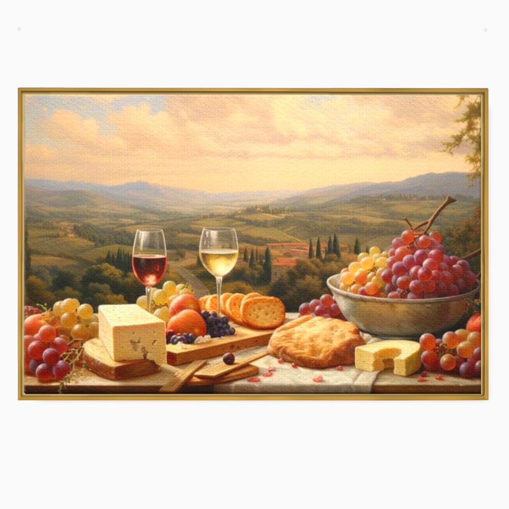 Tablou Canvas Premium, LuxCanva® N1027, Delicii la Apus, Natura, Vin, Struguri, Mancare, Bautura, Ospat, Traditional, Rustic, Apus, Festin, Toamna, Peisaj, Priveliste, Restaurant, Bucatarie