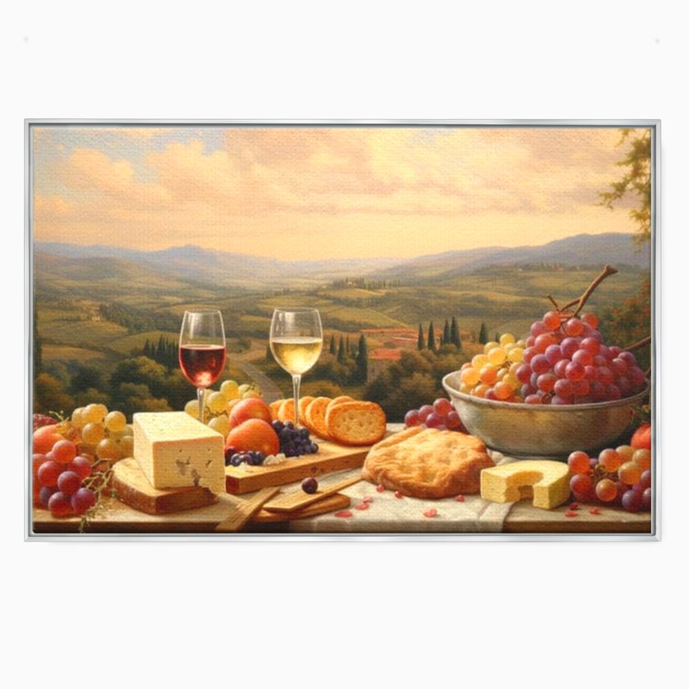 Tablou Canvas Premium, LuxCanva® N1027, Delicii la Apus, Natura, Vin, Struguri, Mancare, Bautura, Ospat, Traditional, Rustic, Apus, Festin, Toamna, Peisaj, Priveliste, Restaurant, Bucatarie