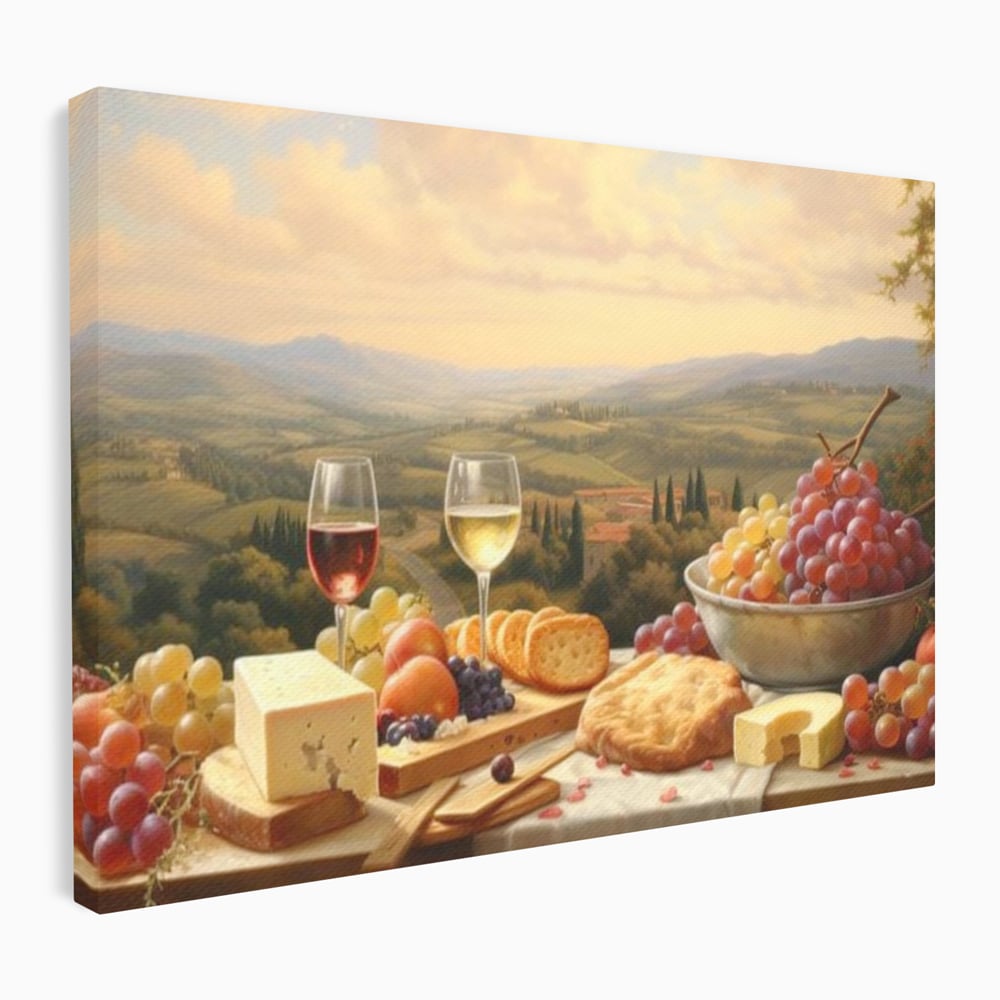 Tablou Canvas Premium, LuxCanva® N1027, Delicii la Apus, Natura, Vin, Struguri, Mancare, Bautura, Ospat, Traditional, Rustic, Apus, Festin, Toamna, Peisaj, Priveliste, Restaurant, Bucatarie