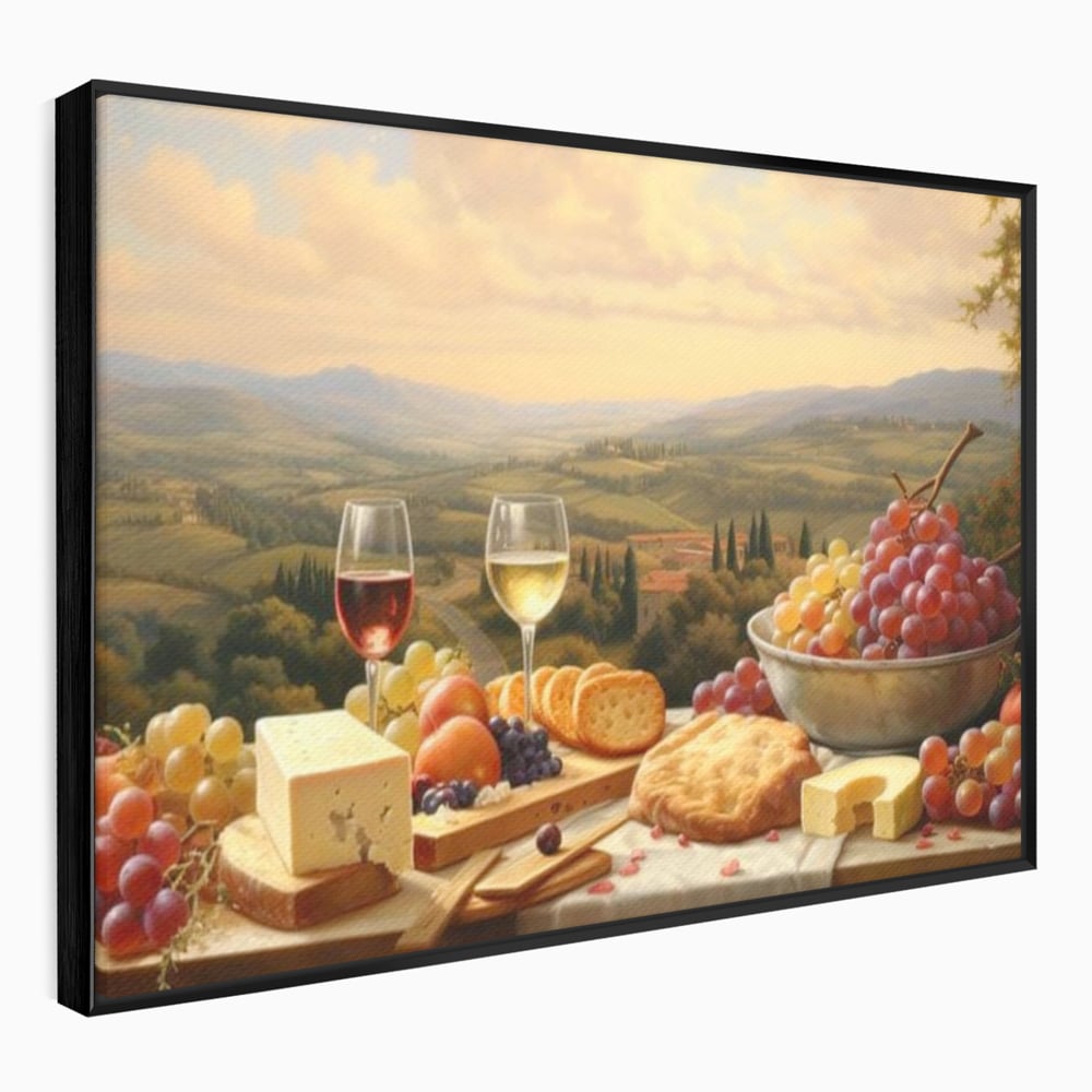 Tablou Canvas Premium, LuxCanva® N1027, Delicii la Apus, Natura, Vin, Struguri, Mancare, Bautura, Ospat, Traditional, Rustic, Apus, Festin, Toamna, Peisaj, Priveliste, Restaurant, Bucatarie