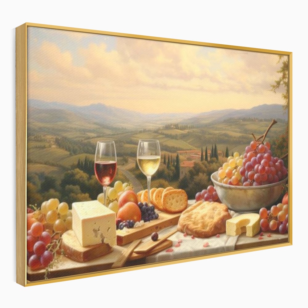 Tablou Canvas Premium, LuxCanva® N1027, Delicii la Apus, Natura, Vin, Struguri, Mancare, Bautura, Ospat, Traditional, Rustic, Apus, Festin, Toamna, Peisaj, Priveliste, Restaurant, Bucatarie