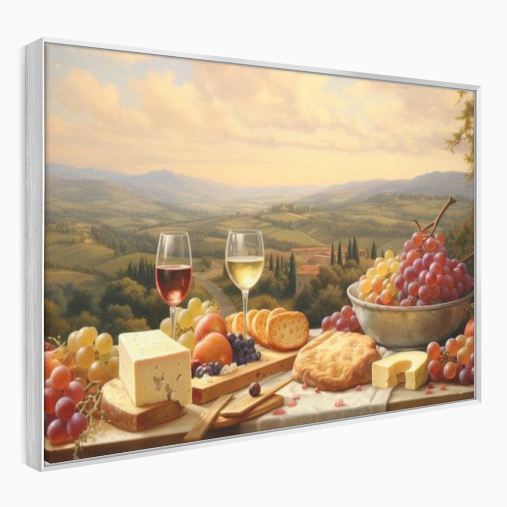 Tablou Canvas Premium, LuxCanva® N1027, Delicii la Apus, Natura, Vin, Struguri, Mancare, Bautura, Ospat, Traditional, Rustic, Apus, Festin, Toamna, Peisaj, Priveliste, Restaurant, Bucatarie