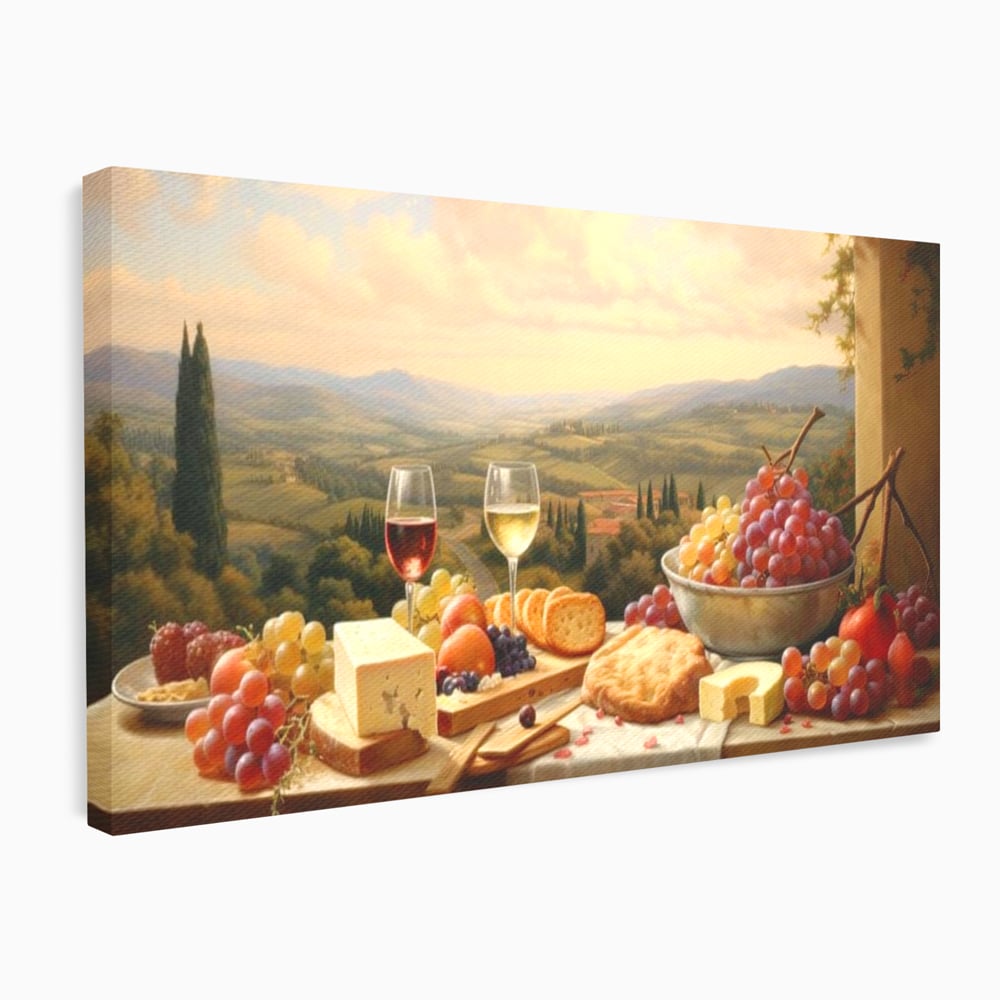 Tablou Canvas Premium, LuxCanva® N1027, Delicii la Apus, Natura, Vin, Struguri, Mancare, Bautura, Ospat, Traditional, Rustic, Apus, Festin, Toamna, Peisaj, Priveliste, Restaurant, Bucatarie