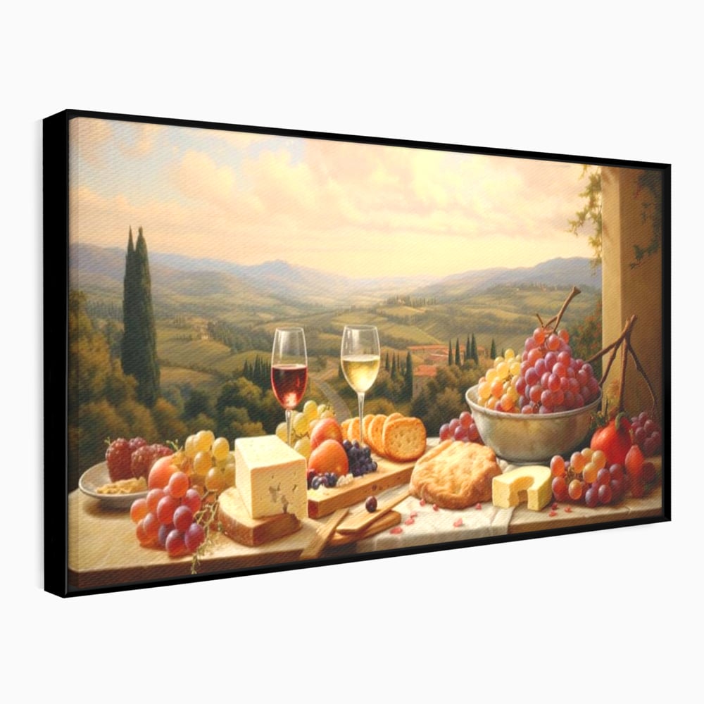 Tablou Canvas Premium, LuxCanva® N1027, Delicii la Apus, Natura, Vin, Struguri, Mancare, Bautura, Ospat, Traditional, Rustic, Apus, Festin, Toamna, Peisaj, Priveliste, Restaurant, Bucatarie