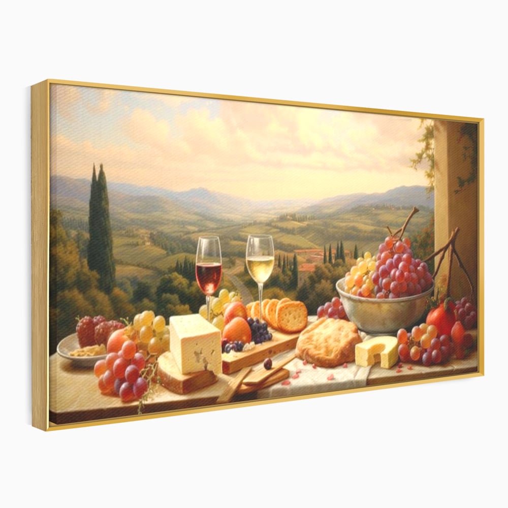 Tablou Canvas Premium, LuxCanva® N1027, Delicii la Apus, Natura, Vin, Struguri, Mancare, Bautura, Ospat, Traditional, Rustic, Apus, Festin, Toamna, Peisaj, Priveliste, Restaurant, Bucatarie