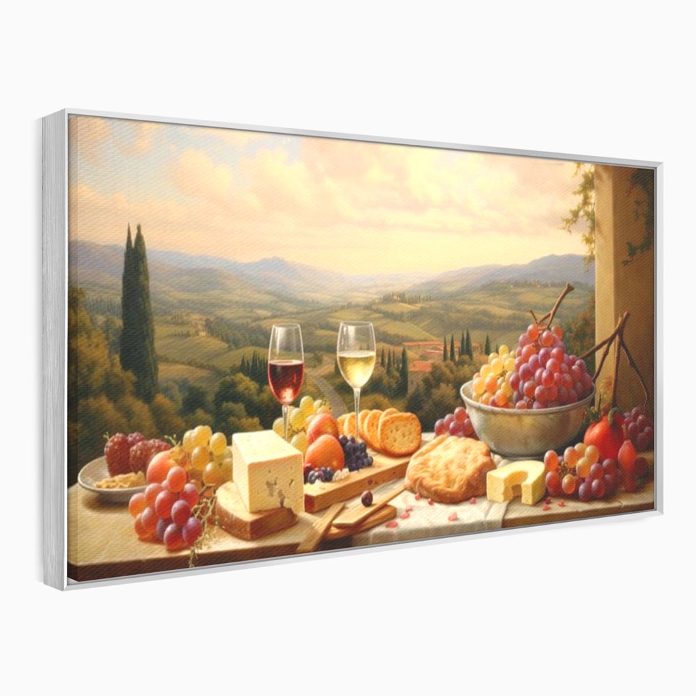 Tablou Canvas Premium, LuxCanva® N1027, Delicii la Apus, Natura, Vin, Struguri, Mancare, Bautura, Ospat, Traditional, Rustic, Apus, Festin, Toamna, Peisaj, Priveliste, Restaurant, Bucatarie