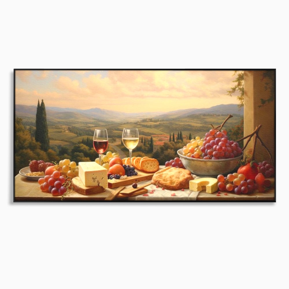 Tablou Canvas Premium, LuxCanva® N1027, Delicii la Apus, Natura, Vin, Struguri, Mancare, Bautura, Ospat, Traditional, Rustic, Apus, Festin, Toamna, Peisaj, Priveliste, Restaurant, Bucatarie