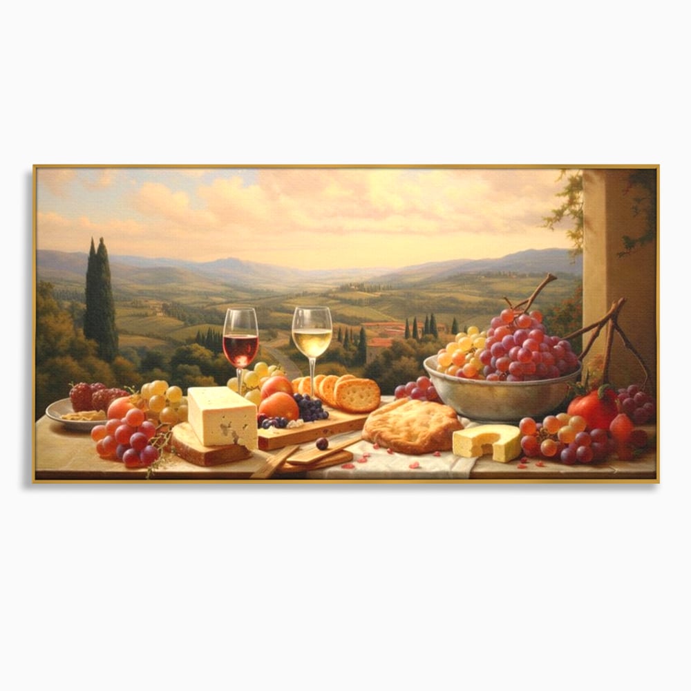 Tablou Canvas Premium, LuxCanva® N1027, Delicii la Apus, Natura, Vin, Struguri, Mancare, Bautura, Ospat, Traditional, Rustic, Apus, Festin, Toamna, Peisaj, Priveliste, Restaurant, Bucatarie