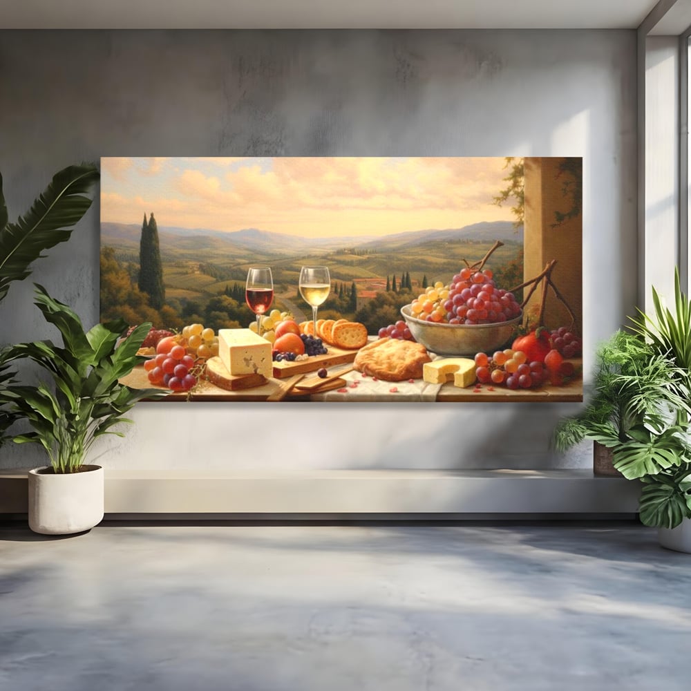 Tablou Canvas Premium, LuxCanva® N1027, Delicii la Apus, Natura, Vin, Struguri, Mancare, Bautura, Ospat, Traditional, Rustic, Apus, Festin, Toamna, Peisaj, Priveliste, Restaurant, Bucatarie