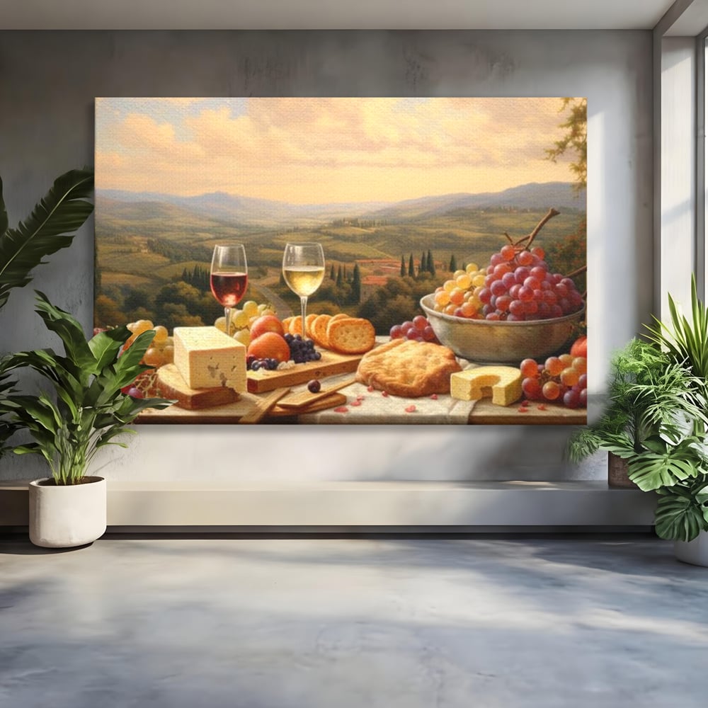 Tablou Canvas Premium, LuxCanva® N1027, Delicii la Apus, Natura, Vin, Struguri, Mancare, Bautura, Ospat, Traditional, Rustic, Apus, Festin, Toamna, Peisaj, Priveliste, Restaurant, Bucatarie