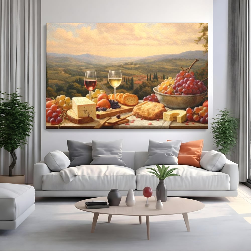 Tablou Canvas Premium, LuxCanva® N1027, Delicii la Apus, Natura, Vin, Struguri, Mancare, Bautura, Ospat, Traditional, Rustic, Apus, Festin, Toamna, Peisaj, Priveliste, Restaurant, Bucatarie