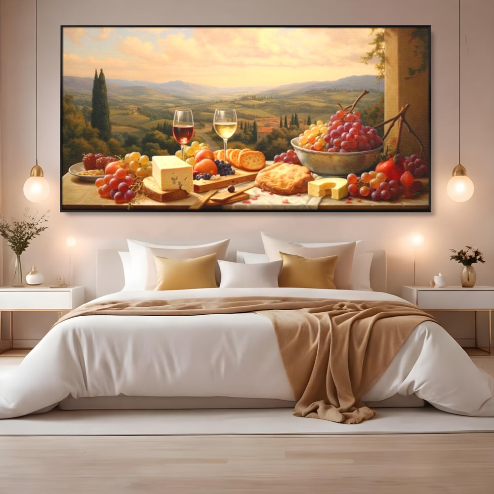 Tablou Canvas Premium, LuxCanva® N1027, Delicii la Apus, Natura, Vin, Struguri, Mancare, Bautura, Ospat, Traditional, Rustic, Apus, Festin, Toamna, Peisaj, Priveliste, Restaurant, Bucatarie