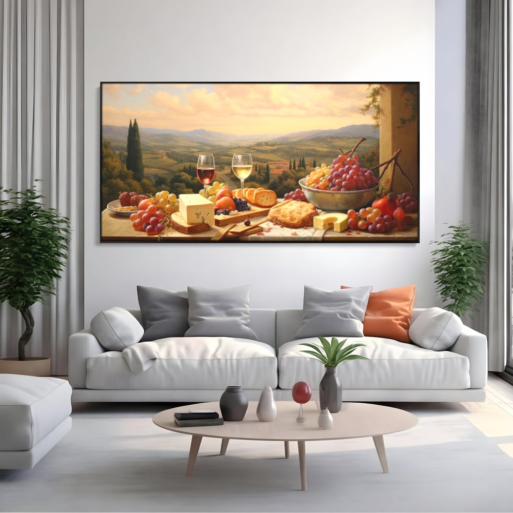 Tablou Canvas Premium, LuxCanva® N1027, Delicii la Apus, Natura, Vin, Struguri, Mancare, Bautura, Ospat, Traditional, Rustic, Apus, Festin, Toamna, Peisaj, Priveliste, Restaurant, Bucatarie