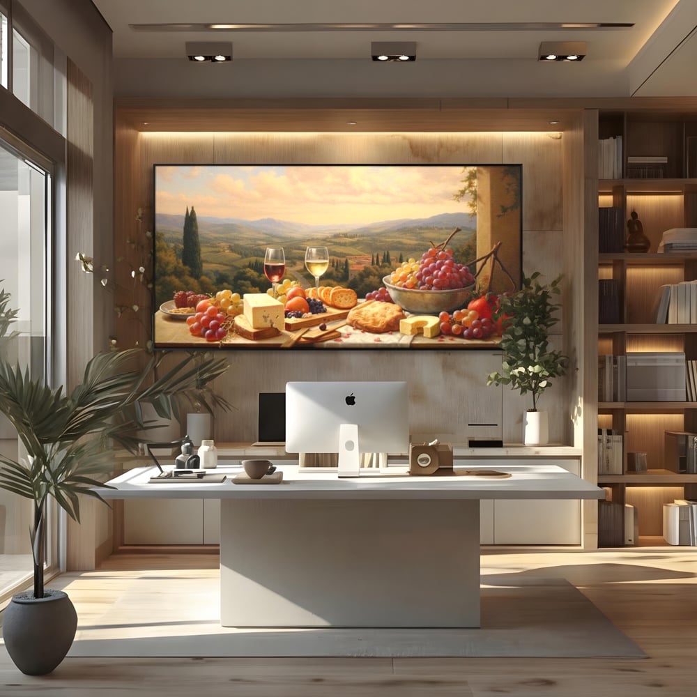 Tablou Canvas Premium, LuxCanva® N1027, Delicii la Apus, Natura, Vin, Struguri, Mancare, Bautura, Ospat, Traditional, Rustic, Apus, Festin, Toamna, Peisaj, Priveliste, Restaurant, Bucatarie