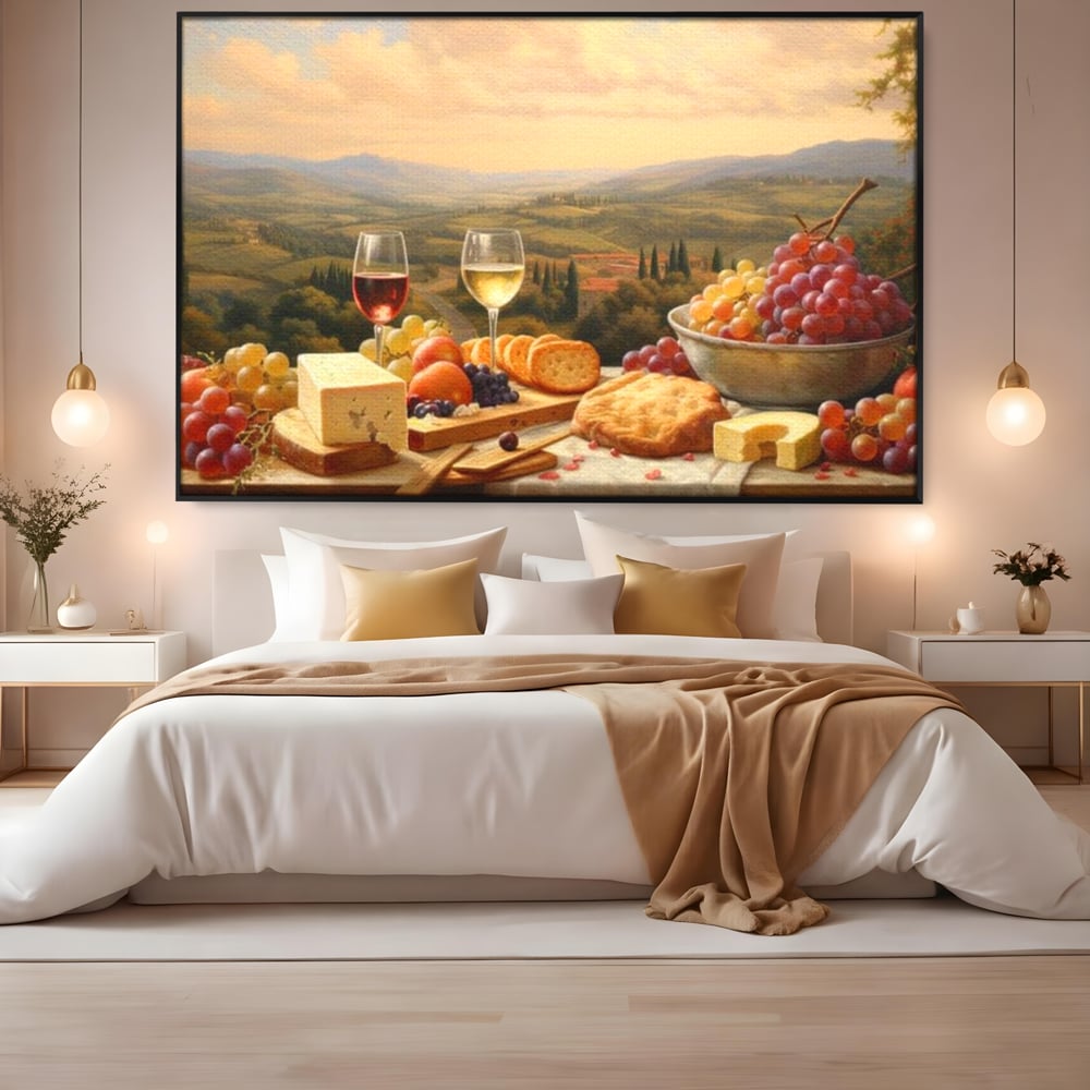 Tablou Canvas Premium, LuxCanva® N1027, Delicii la Apus, Natura, Vin, Struguri, Mancare, Bautura, Ospat, Traditional, Rustic, Apus, Festin, Toamna, Peisaj, Priveliste, Restaurant, Bucatarie