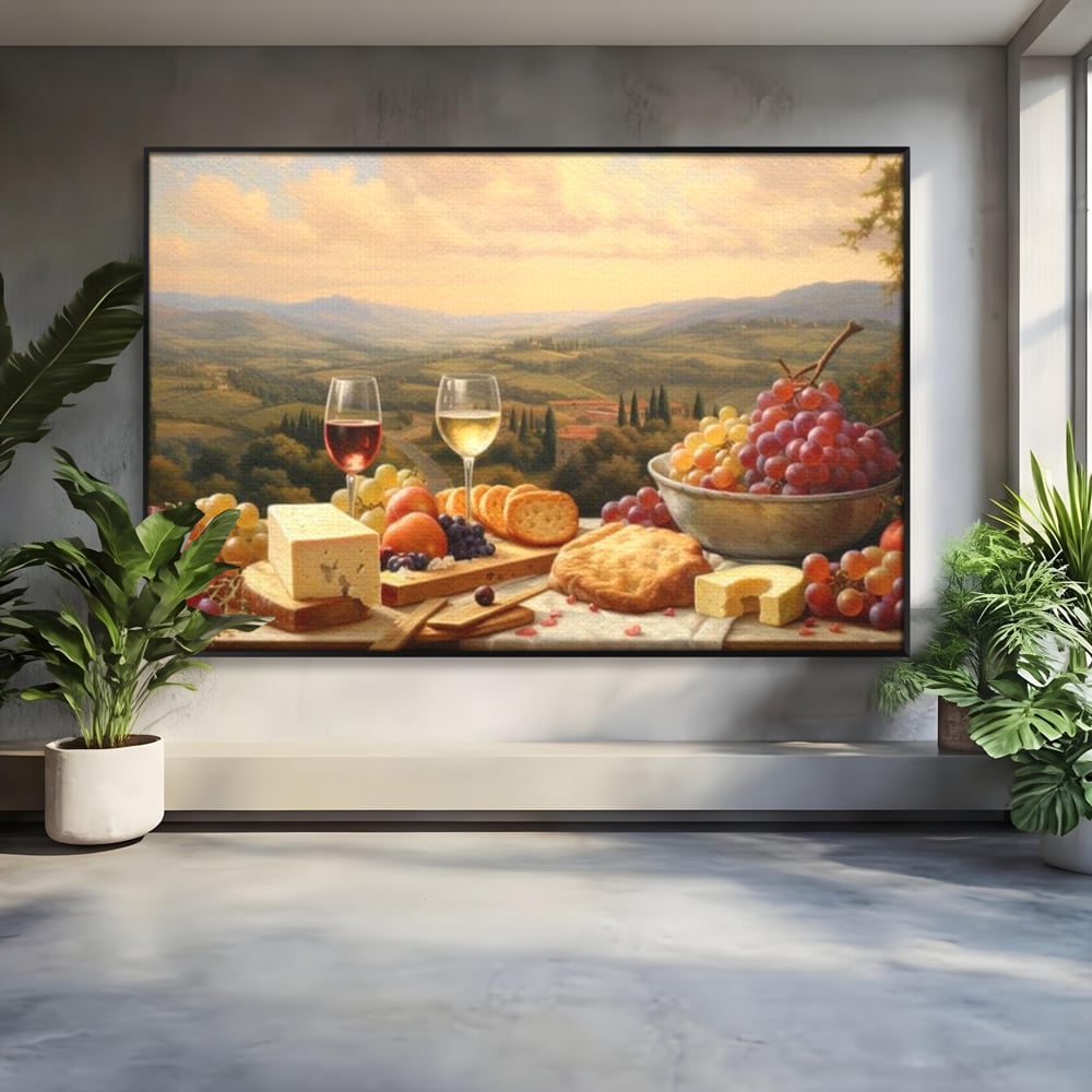Tablou Canvas Premium, LuxCanva® N1027, Delicii la Apus, Natura, Vin, Struguri, Mancare, Bautura, Ospat, Traditional, Rustic, Apus, Festin, Toamna, Peisaj, Priveliste, Restaurant, Bucatarie