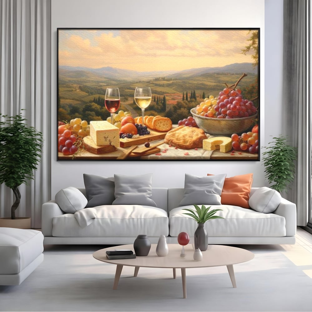 Tablou Canvas Premium, LuxCanva® N1027, Delicii la Apus, Natura, Vin, Struguri, Mancare, Bautura, Ospat, Traditional, Rustic, Apus, Festin, Toamna, Peisaj, Priveliste, Restaurant, Bucatarie