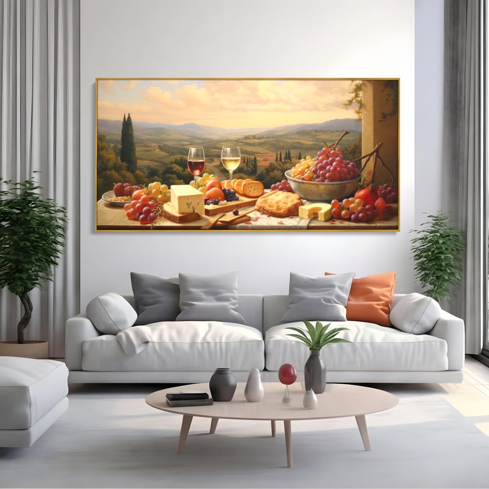 Tablou Canvas Premium, LuxCanva® N1027, Delicii la Apus, Natura, Vin, Struguri, Mancare, Bautura, Ospat, Traditional, Rustic, Apus, Festin, Toamna, Peisaj, Priveliste, Restaurant, Bucatarie