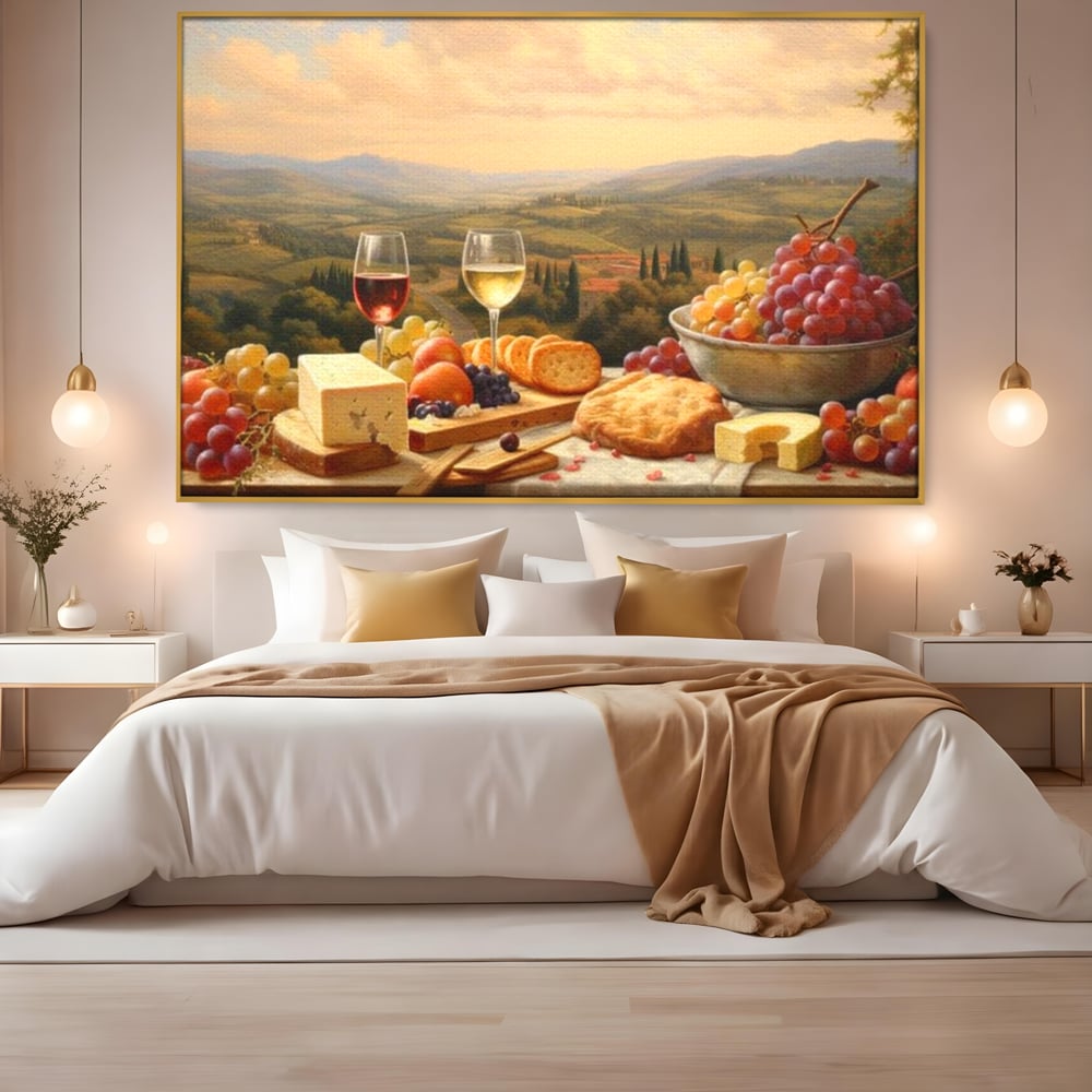 Tablou Canvas Premium, LuxCanva® N1027, Delicii la Apus, Natura, Vin, Struguri, Mancare, Bautura, Ospat, Traditional, Rustic, Apus, Festin, Toamna, Peisaj, Priveliste, Restaurant, Bucatarie
