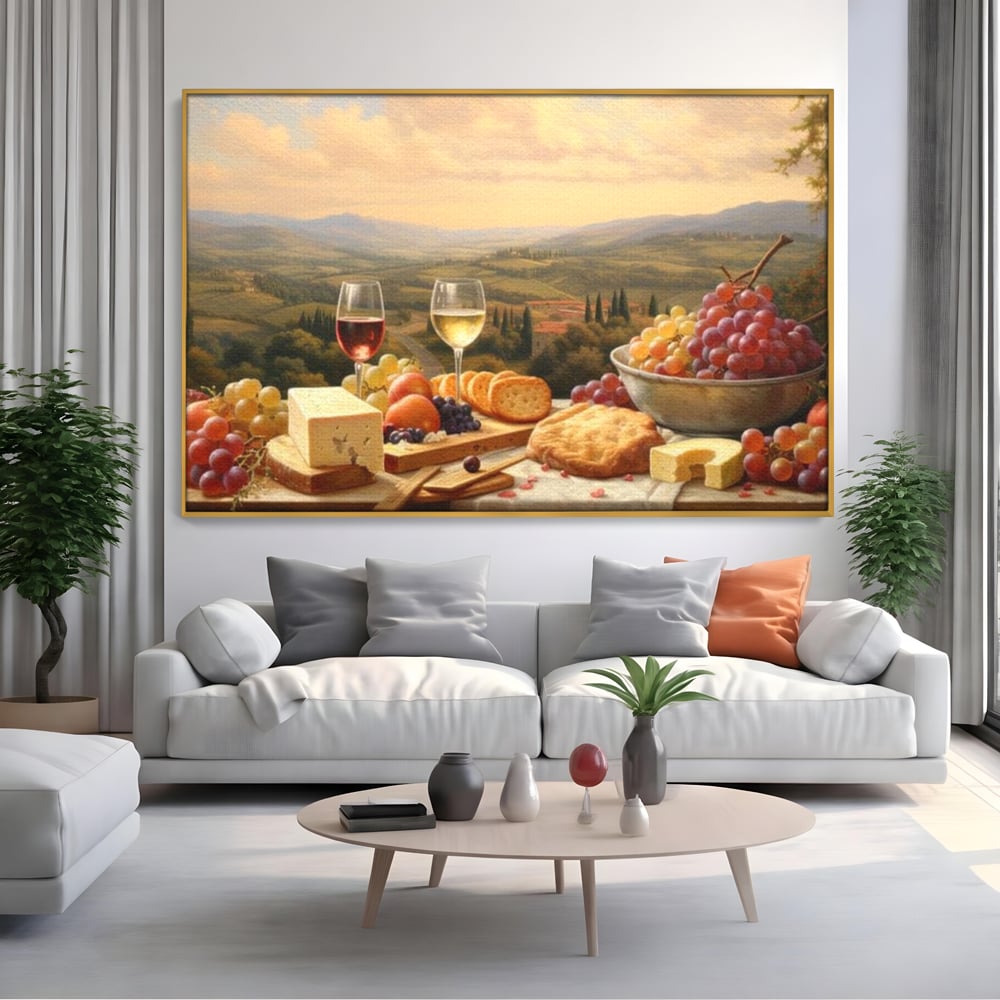 Tablou Canvas Premium, LuxCanva® N1027, Delicii la Apus, Natura, Vin, Struguri, Mancare, Bautura, Ospat, Traditional, Rustic, Apus, Festin, Toamna, Peisaj, Priveliste, Restaurant, Bucatarie