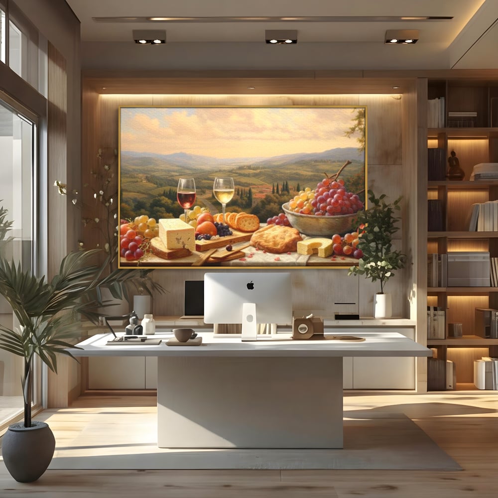 Tablou Canvas Premium, LuxCanva® N1027, Delicii la Apus, Natura, Vin, Struguri, Mancare, Bautura, Ospat, Traditional, Rustic, Apus, Festin, Toamna, Peisaj, Priveliste, Restaurant, Bucatarie