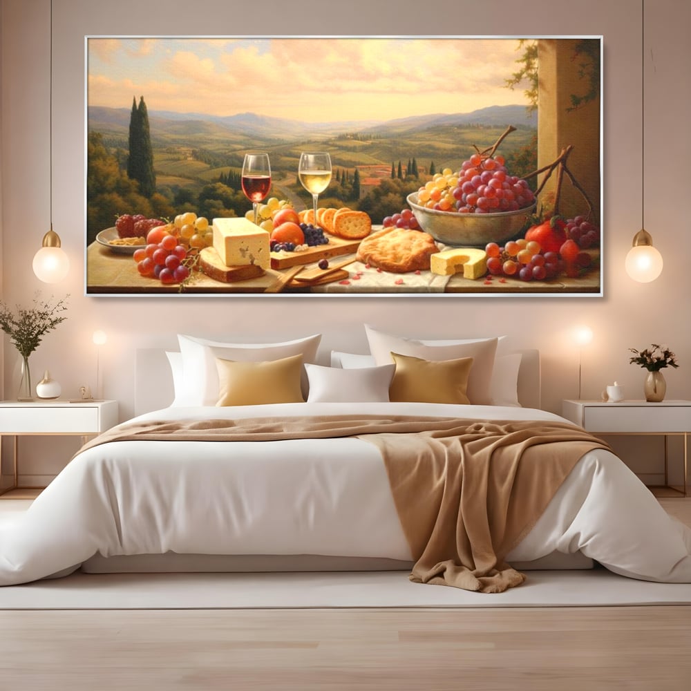 Tablou Canvas Premium, LuxCanva® N1027, Delicii la Apus, Natura, Vin, Struguri, Mancare, Bautura, Ospat, Traditional, Rustic, Apus, Festin, Toamna, Peisaj, Priveliste, Restaurant, Bucatarie