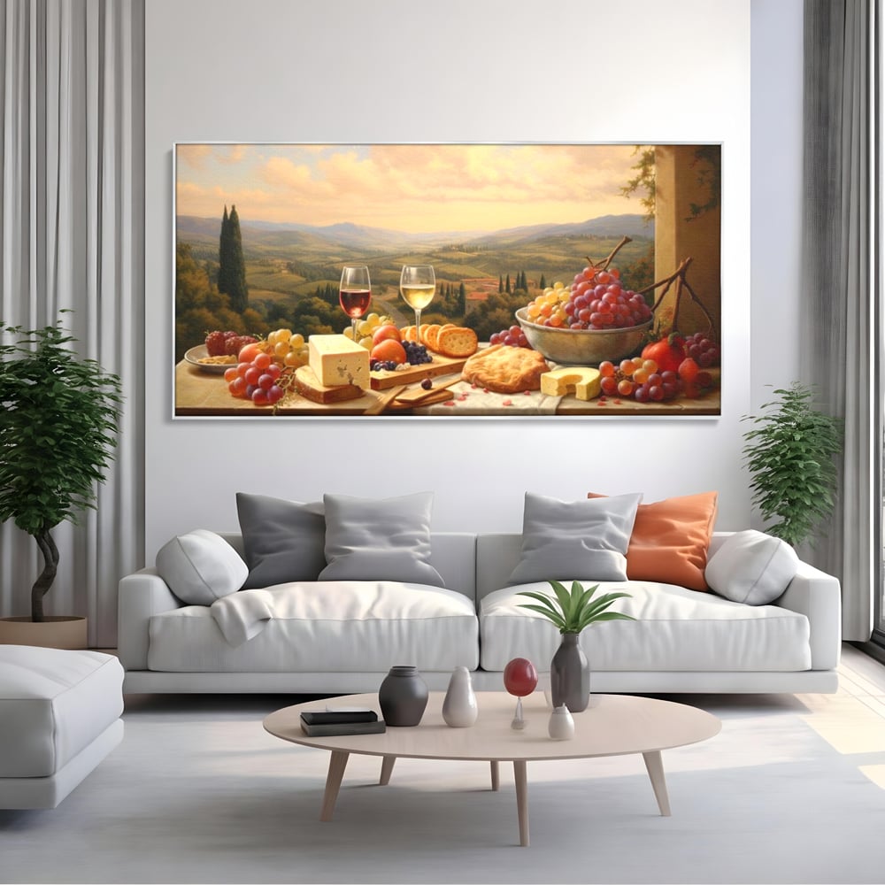 Tablou Canvas Premium, LuxCanva® N1027, Delicii la Apus, Natura, Vin, Struguri, Mancare, Bautura, Ospat, Traditional, Rustic, Apus, Festin, Toamna, Peisaj, Priveliste, Restaurant, Bucatarie