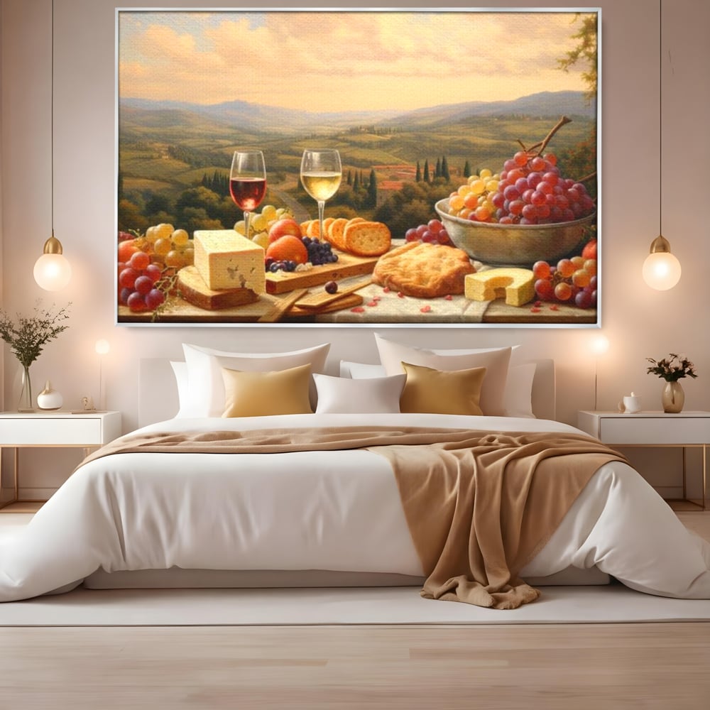 Tablou Canvas Premium, LuxCanva® N1027, Delicii la Apus, Natura, Vin, Struguri, Mancare, Bautura, Ospat, Traditional, Rustic, Apus, Festin, Toamna, Peisaj, Priveliste, Restaurant, Bucatarie