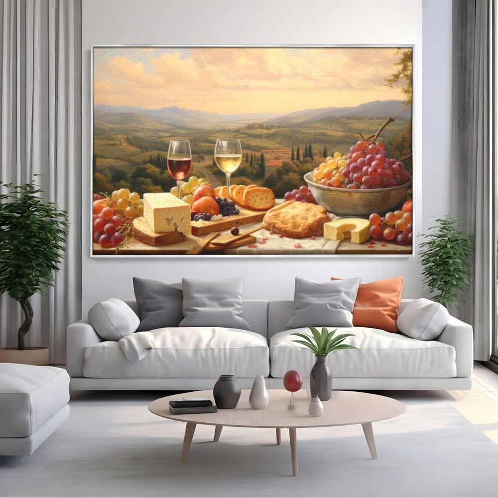 Tablou Canvas Premium, LuxCanva® N1027, Delicii la Apus, Natura, Vin, Struguri, Mancare, Bautura, Ospat, Traditional, Rustic, Apus, Festin, Toamna, Peisaj, Priveliste, Restaurant, Bucatarie