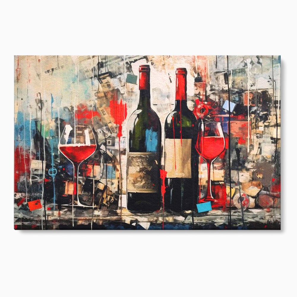 Tablou Canvas Premium, LuxCanva® N1028, Povesti la Sticla, Vin Rosu, Pahare, Sticle, Bautura, Graffiti, Modern, Urban, Pictura, Abstract, Poveste, Pub, Lounge, Bar, Restaurant, Bucatarie
