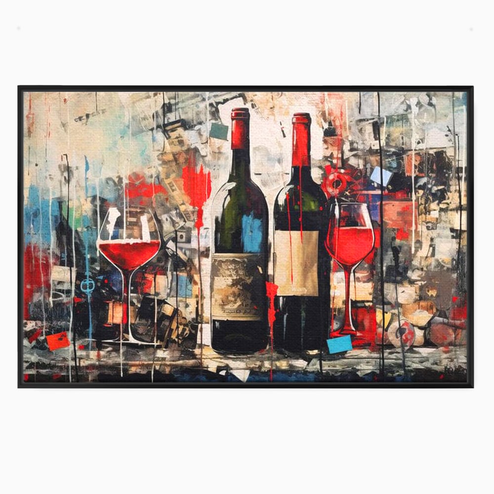 Tablou Canvas Premium, LuxCanva® N1028, Povesti la Sticla, Vin Rosu, Pahare, Sticle, Bautura, Graffiti, Modern, Urban, Pictura, Abstract, Poveste, Pub, Lounge, Bar, Restaurant, Bucatarie