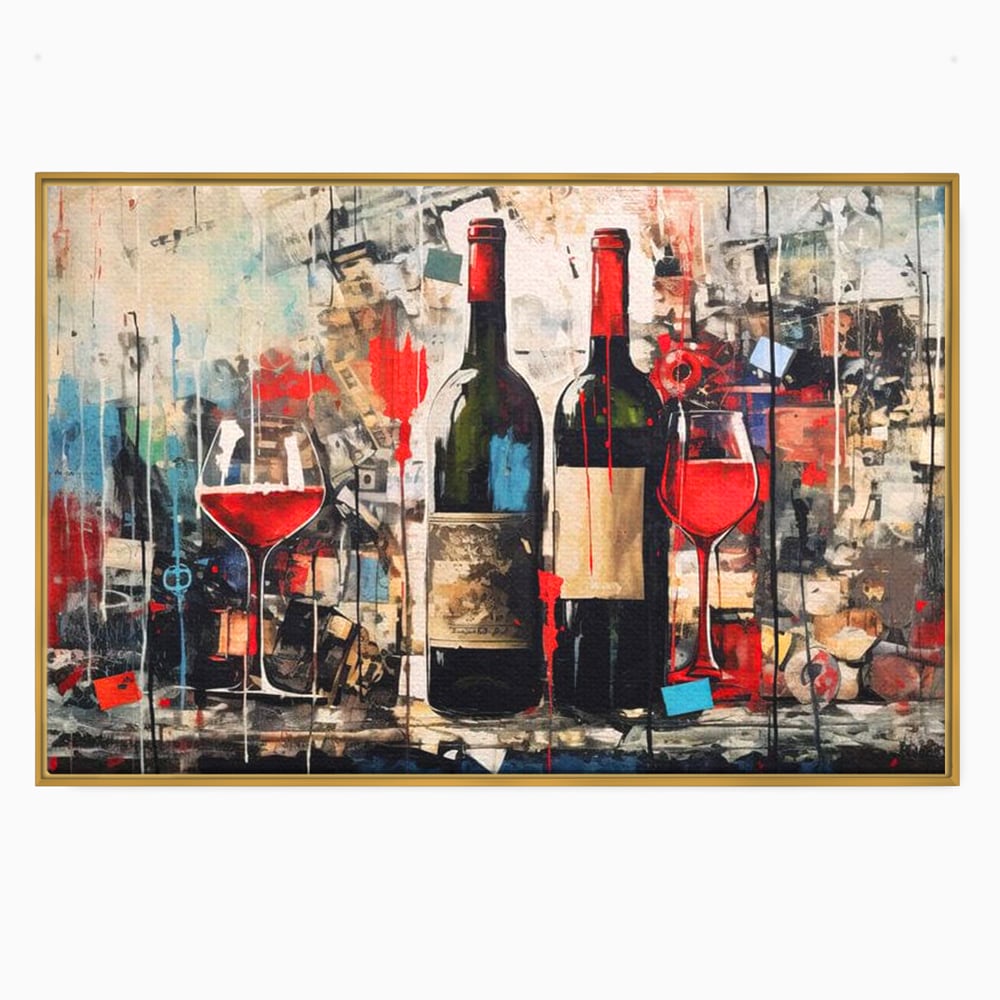 Tablou Canvas Premium, LuxCanva® N1028, Povesti la Sticla, Vin Rosu, Pahare, Sticle, Bautura, Graffiti, Modern, Urban, Pictura, Abstract, Poveste, Pub, Lounge, Bar, Restaurant, Bucatarie