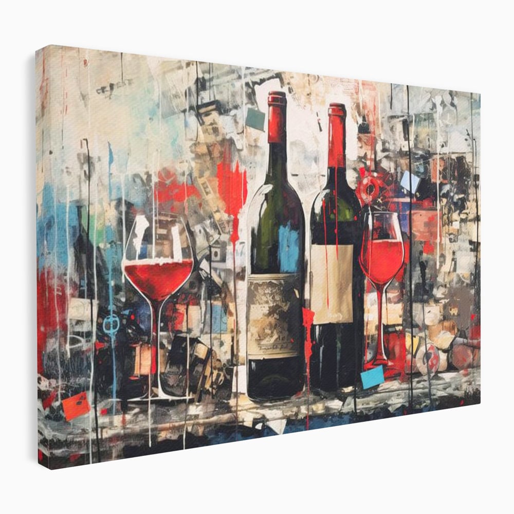 Tablou Canvas Premium, LuxCanva® N1028, Povesti la Sticla, Vin Rosu, Pahare, Sticle, Bautura, Graffiti, Modern, Urban, Pictura, Abstract, Poveste, Pub, Lounge, Bar, Restaurant, Bucatarie