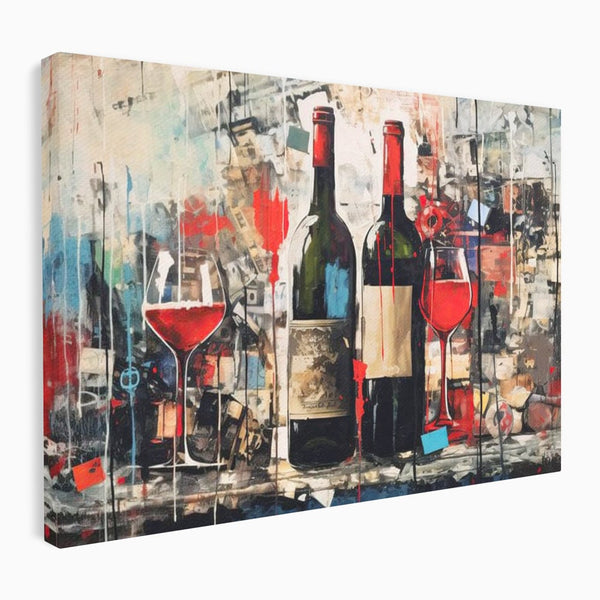 Tablou Canvas Premium, LuxCanva® N1028, Povesti la Sticla, Vin Rosu, Pahare, Sticle, Bautura, Graffiti, Modern, Urban, Pictura, Abstract, Poveste, Pub, Lounge, Bar, Restaurant, Bucatarie