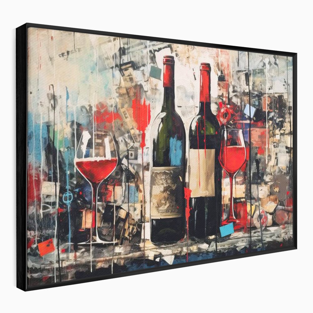 Tablou Canvas Premium, LuxCanva® N1028, Povesti la Sticla, Vin Rosu, Pahare, Sticle, Bautura, Graffiti, Modern, Urban, Pictura, Abstract, Poveste, Pub, Lounge, Bar, Restaurant, Bucatarie