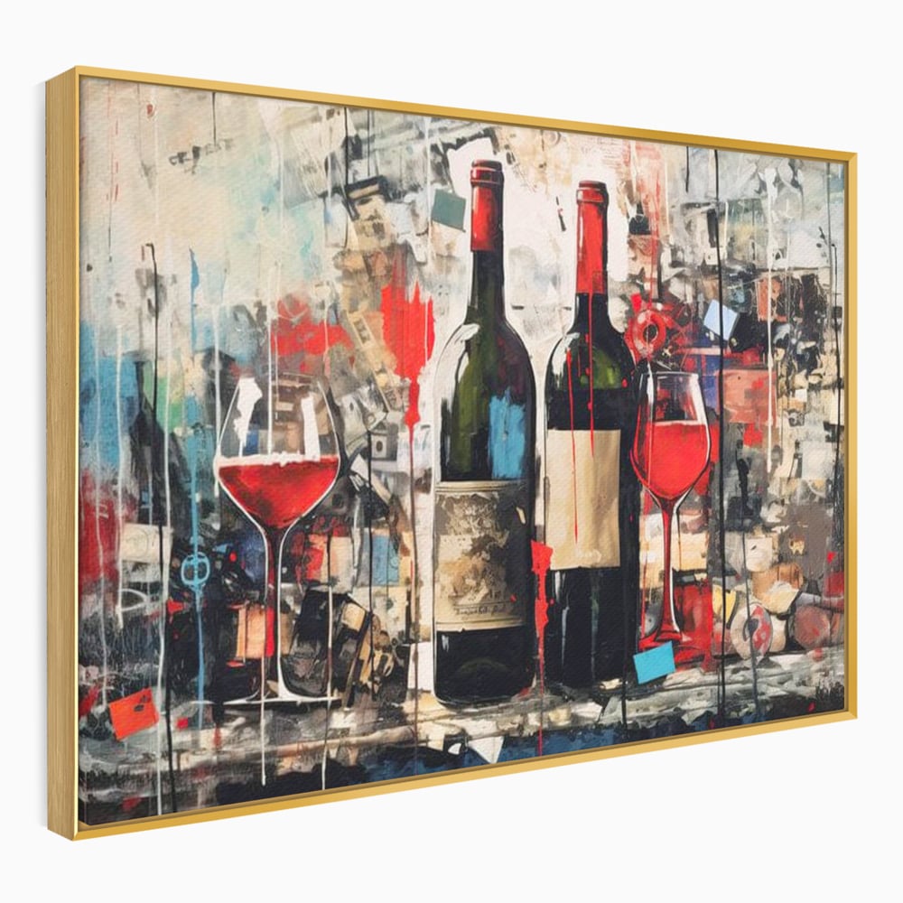 Tablou Canvas Premium, LuxCanva® N1028, Povesti la Sticla, Vin Rosu, Pahare, Sticle, Bautura, Graffiti, Modern, Urban, Pictura, Abstract, Poveste, Pub, Lounge, Bar, Restaurant, Bucatarie