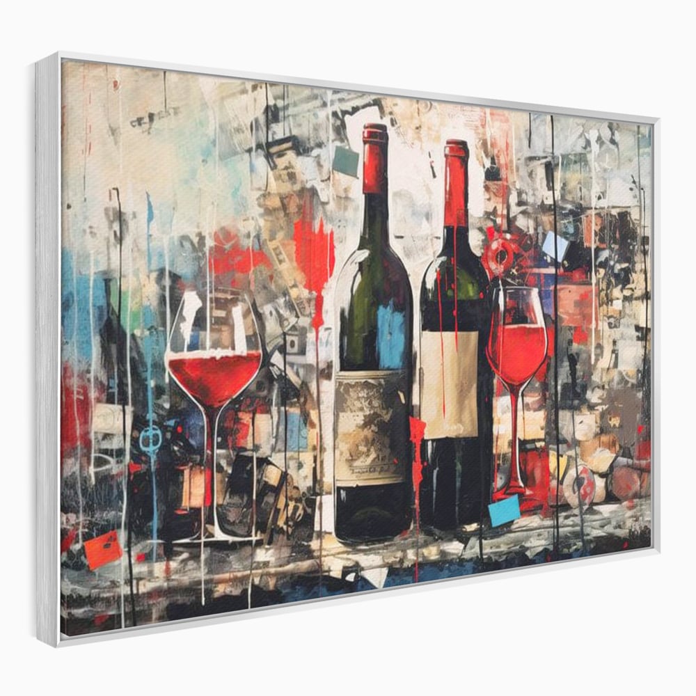 Tablou Canvas Premium, LuxCanva® N1028, Povesti la Sticla, Vin Rosu, Pahare, Sticle, Bautura, Graffiti, Modern, Urban, Pictura, Abstract, Poveste, Pub, Lounge, Bar, Restaurant, Bucatarie