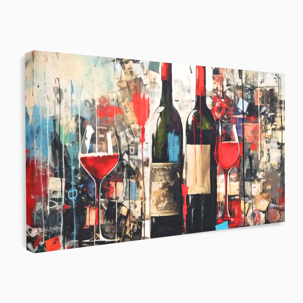 Tablou Canvas Premium, LuxCanva® N1028, Povesti la Sticla, Vin Rosu, Pahare, Sticle, Bautura, Graffiti, Modern, Urban, Pictura, Abstract, Poveste, Pub, Lounge, Bar, Restaurant, Bucatarie