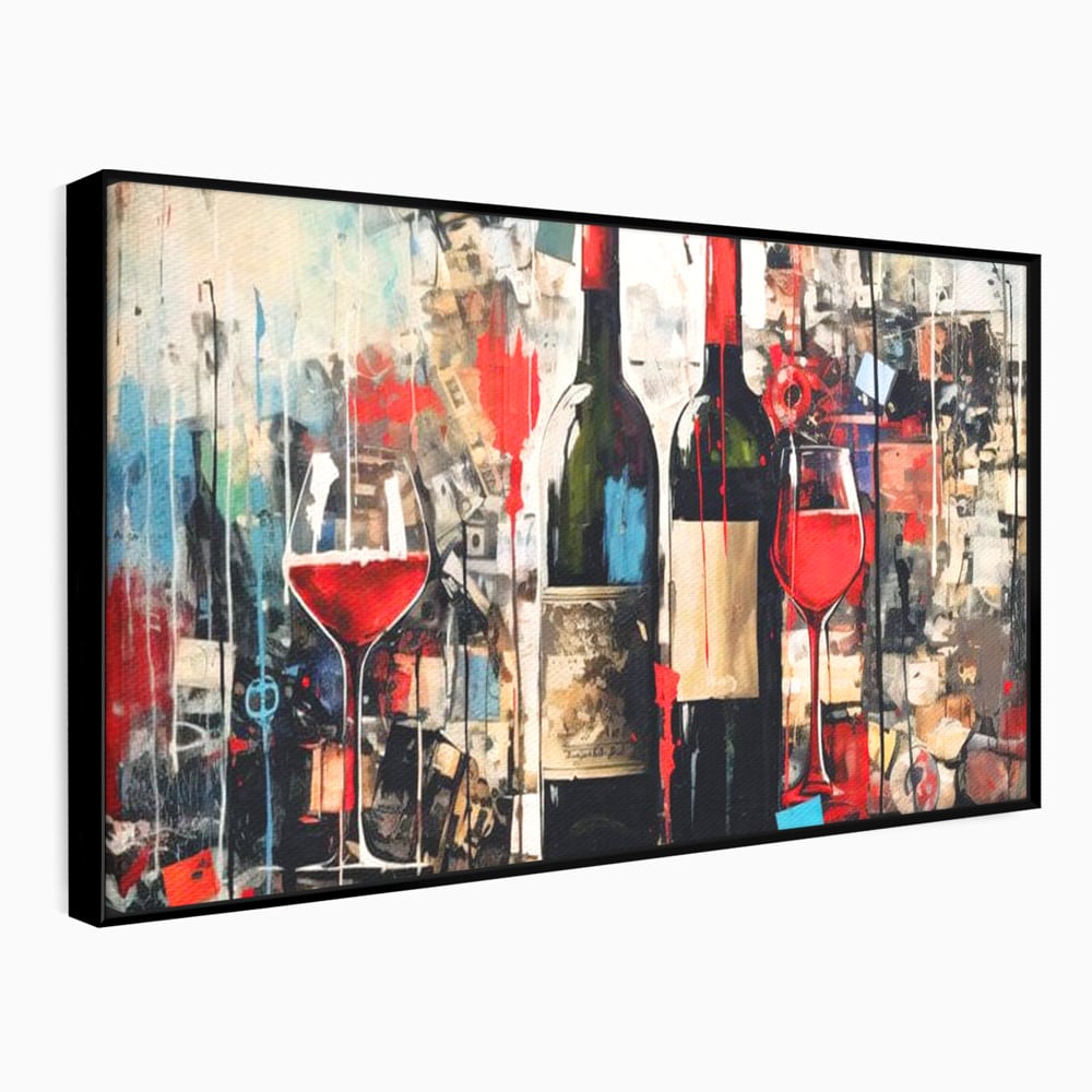 Tablou Canvas Premium, LuxCanva® N1028, Povesti la Sticla, Vin Rosu, Pahare, Sticle, Bautura, Graffiti, Modern, Urban, Pictura, Abstract, Poveste, Pub, Lounge, Bar, Restaurant, Bucatarie