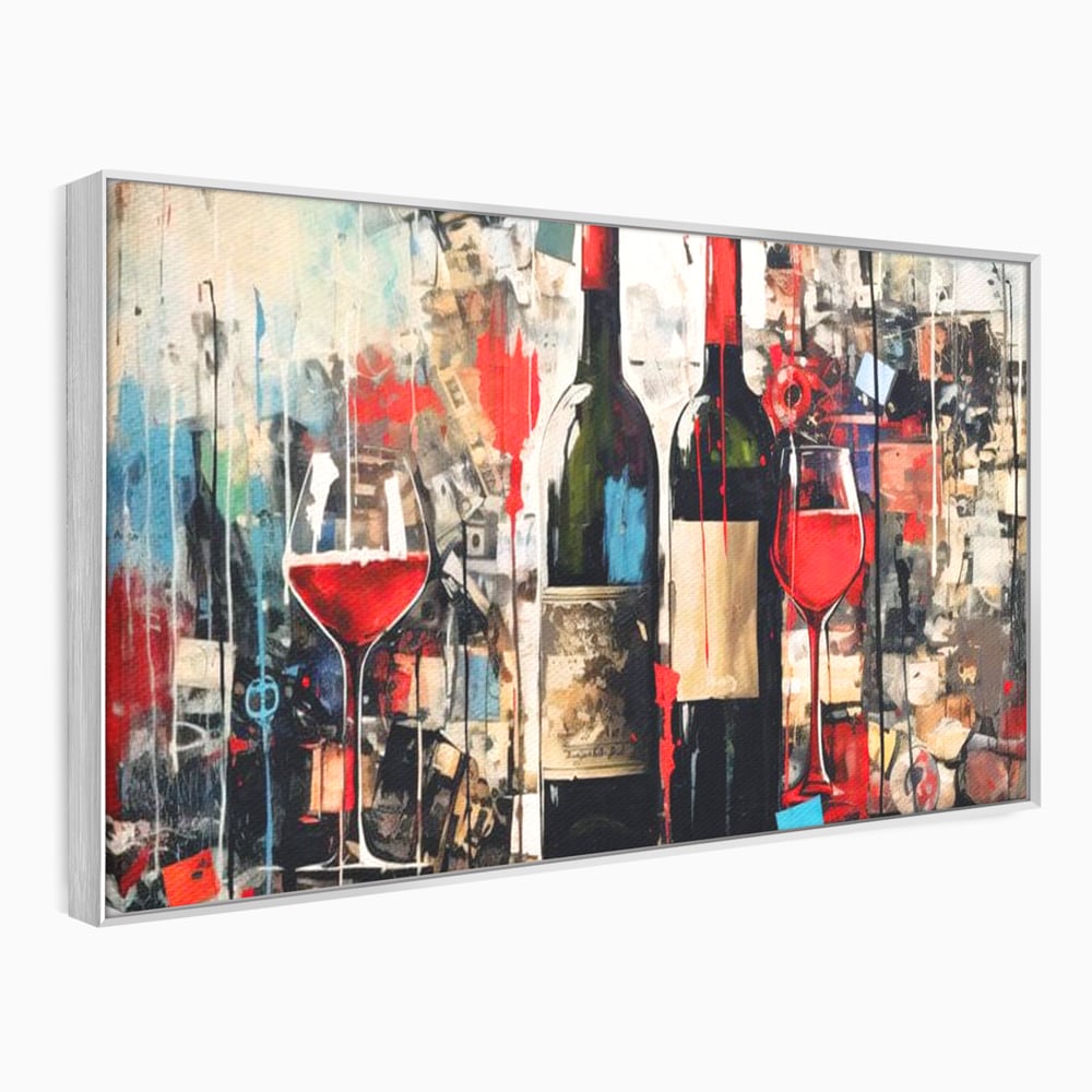 Tablou Canvas Premium, LuxCanva® N1028, Povesti la Sticla, Vin Rosu, Pahare, Sticle, Bautura, Graffiti, Modern, Urban, Pictura, Abstract, Poveste, Pub, Lounge, Bar, Restaurant, Bucatarie