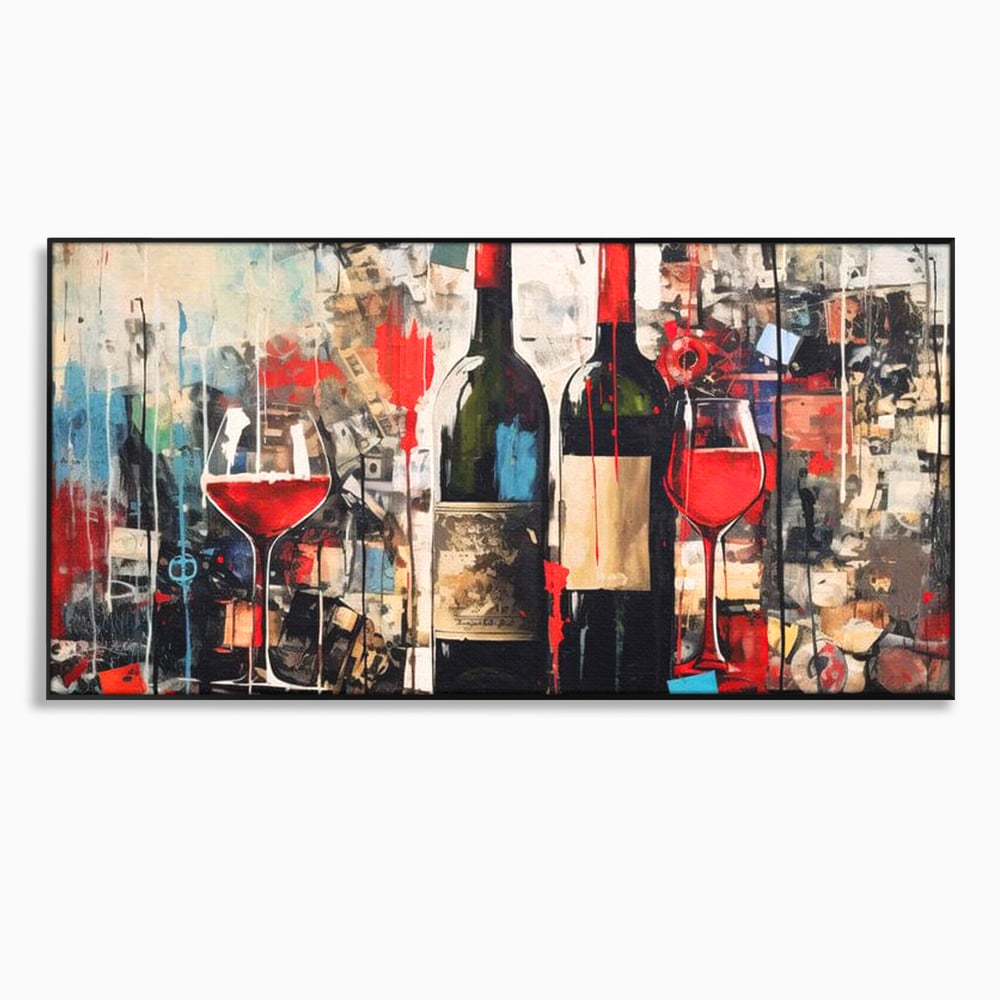 Tablou Canvas Premium, LuxCanva® N1028, Povesti la Sticla, Vin Rosu, Pahare, Sticle, Bautura, Graffiti, Modern, Urban, Pictura, Abstract, Poveste, Pub, Lounge, Bar, Restaurant, Bucatarie