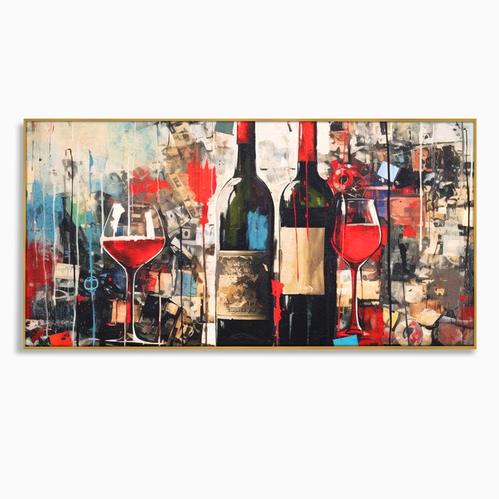 Tablou Canvas Premium, LuxCanva® N1028, Povesti la Sticla, Vin Rosu, Pahare, Sticle, Bautura, Graffiti, Modern, Urban, Pictura, Abstract, Poveste, Pub, Lounge, Bar, Restaurant, Bucatarie