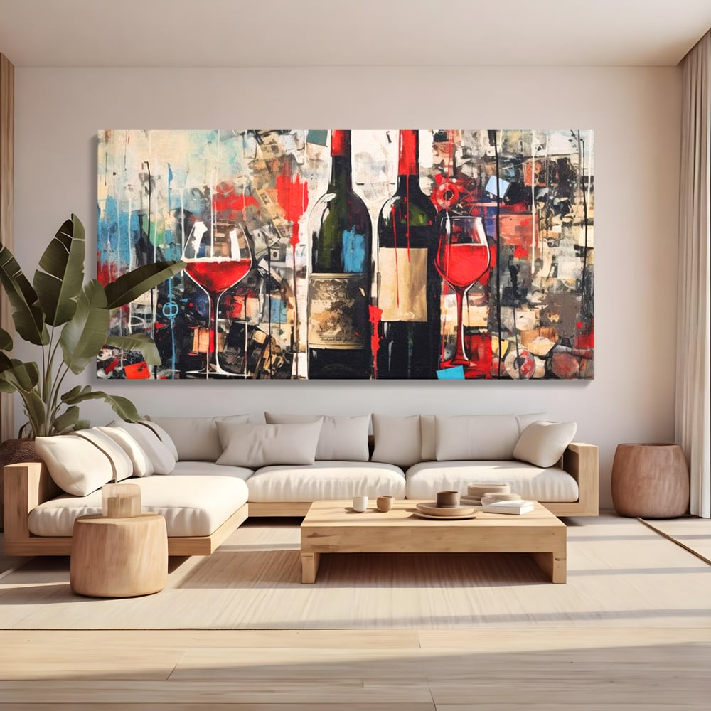 Tablou Canvas Premium, LuxCanva® N1028, Povesti la Sticla, Vin Rosu, Pahare, Sticle, Bautura, Graffiti, Modern, Urban, Pictura, Abstract, Poveste, Pub, Lounge, Bar, Restaurant, Bucatarie