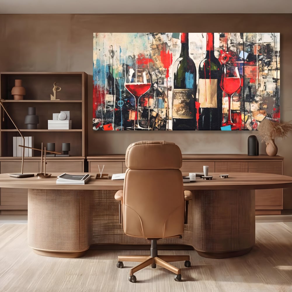 Tablou Canvas Premium, LuxCanva® N1028, Povesti la Sticla, Vin Rosu, Pahare, Sticle, Bautura, Graffiti, Modern, Urban, Pictura, Abstract, Poveste, Pub, Lounge, Bar, Restaurant, Bucatarie