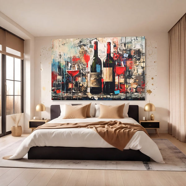Tablou Canvas Premium, LuxCanva® N1028, Povesti la Sticla, Vin Rosu, Pahare, Sticle, Bautura, Graffiti, Modern, Urban, Pictura, Abstract, Poveste, Pub, Lounge, Bar, Restaurant, Bucatarie